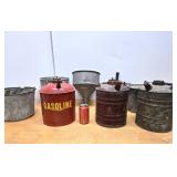 Large Lot of Galvanized Metal Gas Cans Buckets etc