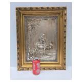 Great Looking Vintage Ornately Framed Embossed Metal Frieze Artwork - Man on Camel