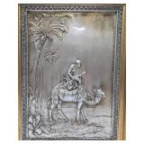 Great Looking Vintage Ornately Framed Embossed Metal Frieze Artwork - Man on Camel