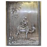 Great Looking Vintage Ornately Framed Embossed Metal Frieze Artwork - Man on Camel