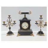 Ornate Antique French Japy Freres Mantel Clock Garniture Set w/Candelabras