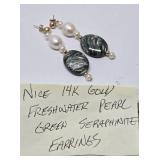 14K Gold w/Freshwater Pearl & Seraphinite Earrings