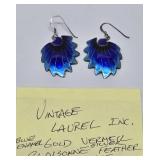 Excellent Larger Size Vintage Cloisonné Enameled Silver Feather Earrings