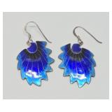 Excellent Larger Size Vintage Cloisonné Enameled Silver Feather Earrings