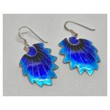 Excellent Larger Size Vintage Cloisonné Enameled Silver Feather Earrings