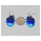 Excellent Larger Size Vintage Cloisonné Enameled Silver Feather Earrings