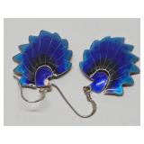 Excellent Larger Size Vintage Cloisonné Enameled Silver Feather Earrings