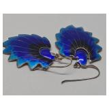 Excellent Larger Size Vintage Cloisonné Enameled Silver Feather Earrings