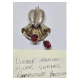 Signed Vintage VERMEIL Sterling Silver & Rhinestone Brooch