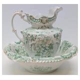 Wonderful Antique Pitcher & Basin Set w/Very Nice Green & Gold on White Floral Design