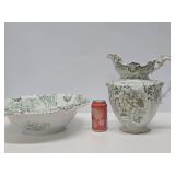 Wonderful Antique Pitcher & Basin Set w/Very Nice Green & Gold on White Floral Design