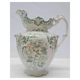 Wonderful Antique Pitcher & Basin Set w/Very Nice Green & Gold on White Floral Design
