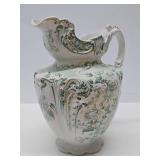 Wonderful Antique Pitcher & Basin Set w/Very Nice Green & Gold on White Floral Design