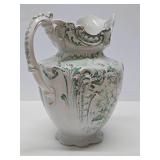 Wonderful Antique Pitcher & Basin Set w/Very Nice Green & Gold on White Floral Design