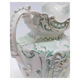 Wonderful Antique Pitcher & Basin Set w/Very Nice Green & Gold on White Floral Design
