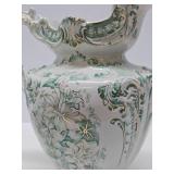 Wonderful Antique Pitcher & Basin Set w/Very Nice Green & Gold on White Floral Design