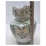 Wonderful Antique Pitcher & Basin Set w/Very Nice Green & Gold on White Floral Design