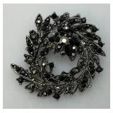 Vintage Black Rhinstone Flower Pin Brooch (One Tiny Stone Missing)