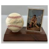 Enos Slaughter Autographed Baseball With 1953 Bowman Baseball Card On Stand