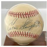 Enos Slaughter Autographed Baseball With 1953 Bowman Baseball Card On Stand