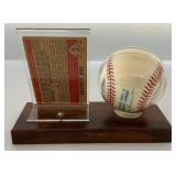 Enos Slaughter Autographed Baseball With 1953 Bowman Baseball Card On Stand
