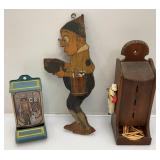 Vintage Wooden And Metal Wall Hanging Match Holders Including Folk Art And More