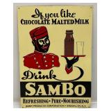 Vintage Embossed Metal 9 1/2" x 13 1/2" SAMBO Chocolate Malted Milk Sign