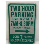 Vintage Two Hour Parking Reflective Aluminum Sign 12" x 18"