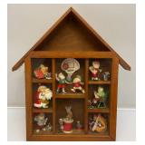 Vintage House Shaped Wall Shelf With Collectible Christmas Santa Ornaments