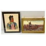 Misc. Vintage Framed Behind Glass Native American Prints Including "On The Move" 10" x 18.5" And Morning Bird 11" x 14"