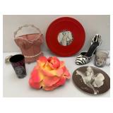 Vintage Bustier Lamp, Fdlower Handbag And Marilyn Monroe Items Misc. Vintage Tobbacco Tins And More