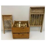 Vintage Wooden Egg Crate And Wash Boards With Advertisement