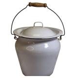 Vintage White  Farmhouse Enamelware Bucket Chamber Pot W/  Lid