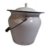 Vintage White  Farmhouse Enamelware Bucket Chamber Pot W/  Lid