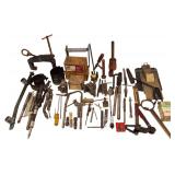 Vintage Mechanics Tools Lot - This lot includes crack repair plugs, micrometers, a puller, several slide hammers, and more tools.