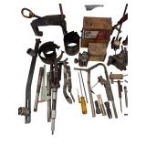 Vintage Mechanics Tools Lot - This lot includes crack repair plugs, micrometers, a puller, several slide hammers, and more tools.