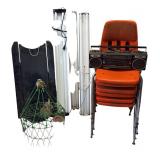 Shop supplies lot includes overhead lights, a display sled, a wire basket, a vintage boom box, and chairs.