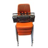 Shop supplies lot includes overhead lights, a display sled, a wire basket, a vintage boom box, and chairs.