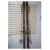vintage wood snow skis with pole