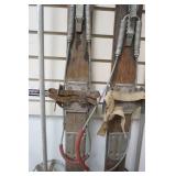 vintage wood snow skis with pole