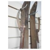 vintage wood snow skis with pole