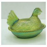 Vintage Indiana Iridescent Green Carnival Glass Chicken on a Nest