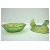 Vintage Indiana Iridescent Green Carnival Glass Chicken on a Nest