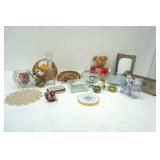 Decor Lot: worry box, glass votives, woven basket