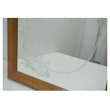 Retro Floral Frosted Etched Wall Mirror with Wood Frame