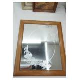 Retro Floral Frosted Etched Wall Mirror with Wood Frame