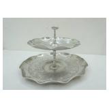 Vintage 2-Tier Hand-Wrought Aluminum Serving Tray 8" tall