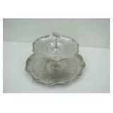Vintage 2-Tier Hand-Wrought Aluminum Serving Tray 8" tall