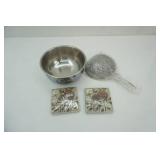 Stainless Steel Strainers (set of 5), Luster Craft 3.5qt Stainless Steel Bowl, Cypress Home Napkins (40ct)