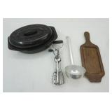 Vintage Hand Mixer, Graniteware Roaster, Aluminum Ladle, Wooden Hot Plate/Serving Plate